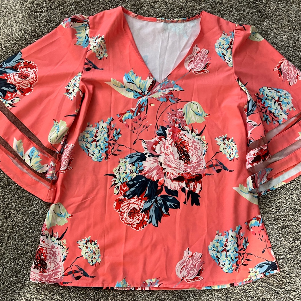 Elegant Floral Coral Blouse with V-Neck